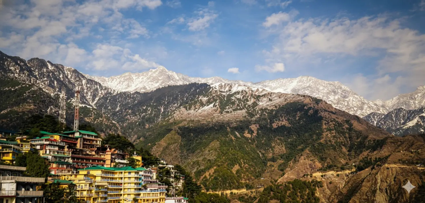 Hill station with colorful buildings and snow-capped mountains in the background