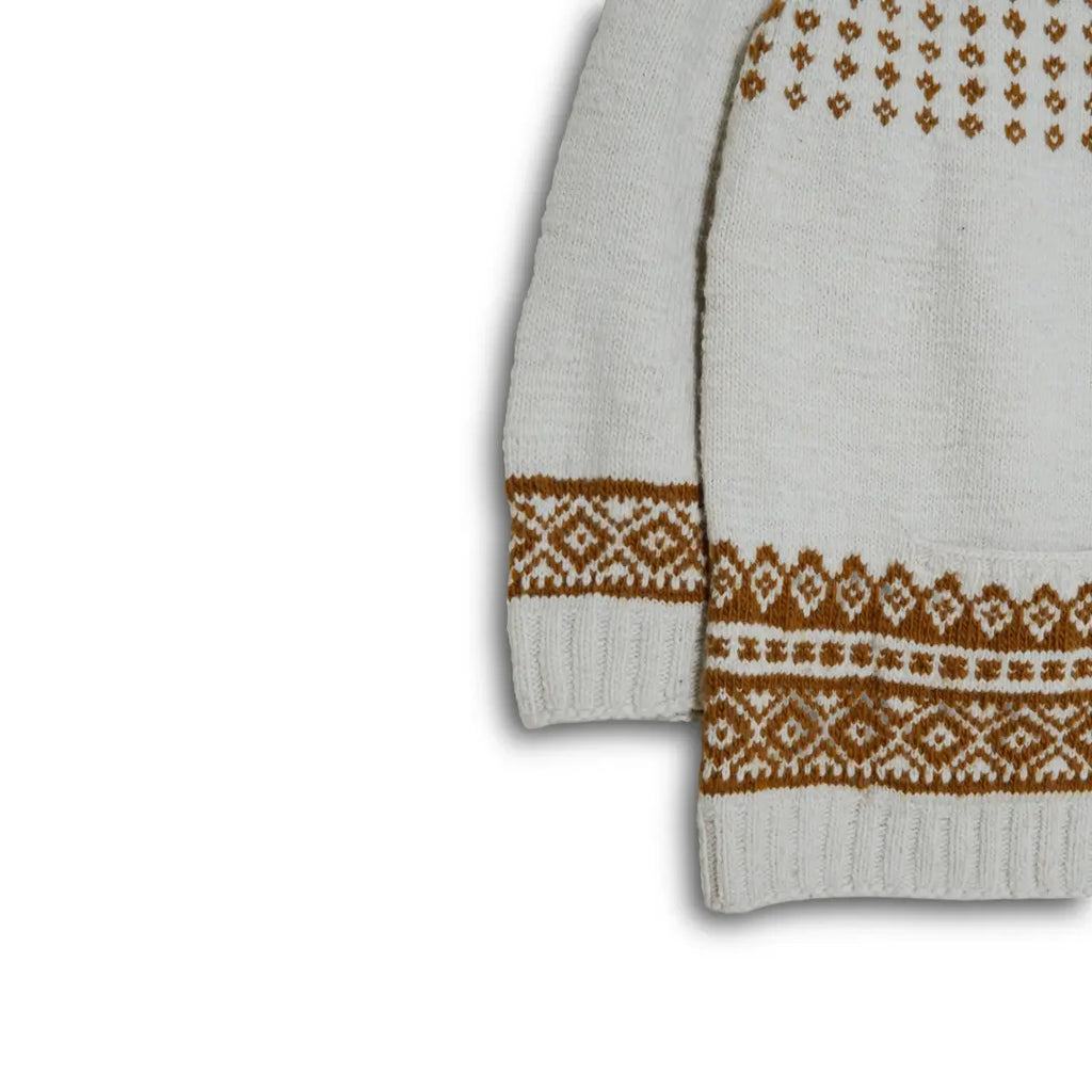 Close-up of a Hand-knitted sweater with yellow and white pattern on a white background