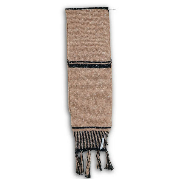 Hand-knitted brown Himalayan wool muffler with black stripes and traditional tassels, ethically made by indigenous Lahaul Valley artisans for sustainable luxury fashion